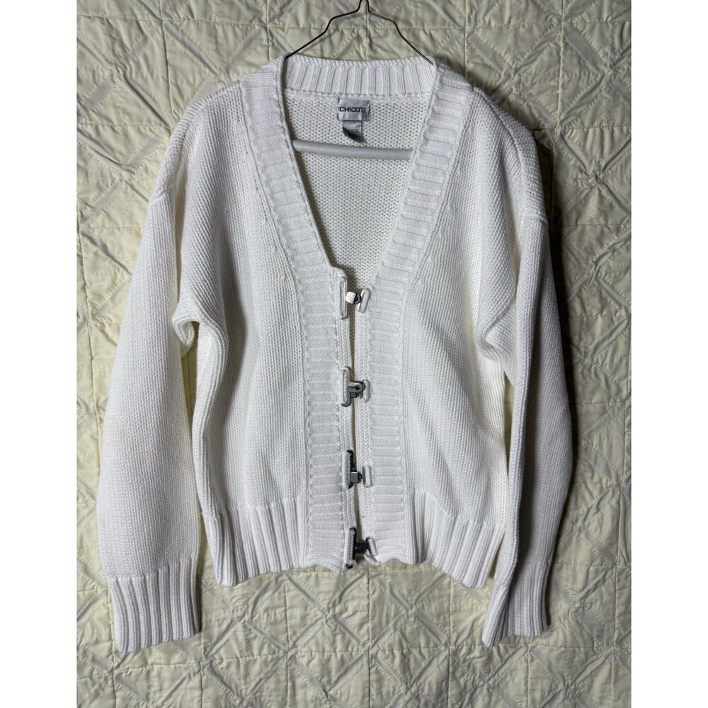 Chico's Hook & Eye Knit Cardigan Sweater Long Sleeve V-Neck White Solid 1
